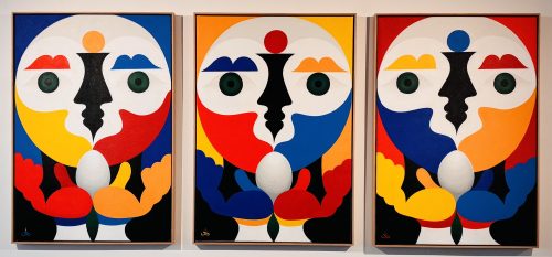REMED, triptyque Trois visages (Bleu visage, Visage jaune, Rouge visage), 2026, acrylique sur toile