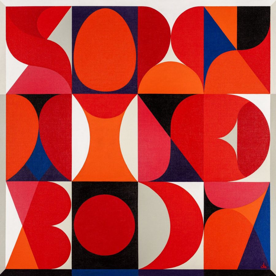 Toile abstraite de REMED : formes géométriques rouges, orange, roses, bleues et noires