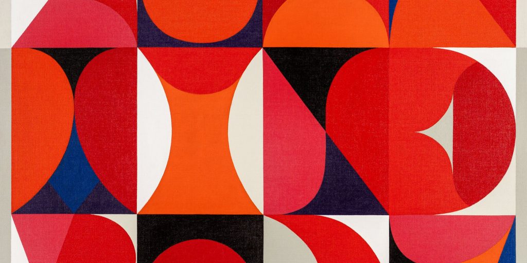 Toile abstraite de REMED : formes géométriques rouges, orange, roses, bleues et noires